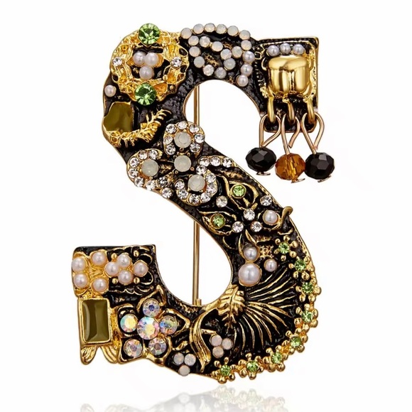 Anthropologie Jewelry - Elegant Gold and Black Brooch with Crystal Accents